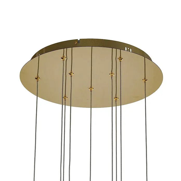 Lucande Pendelleuchte Hayley - klar / transparent, klar, gold - Kreisförmige messingfarbene Deckenrosette aus Metall mit mehreren Kabeln und Messingbefestigungen.