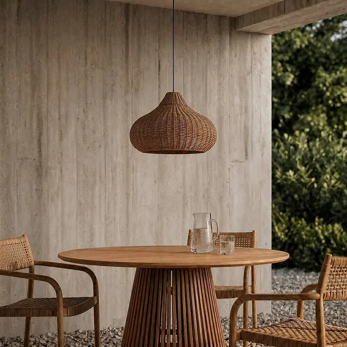 Lucande Außenwand- & Deckenleuchte Taniola - Holz hell, IP44 - Hängende Pendelleuchte aus naturfarbenem Rattan über einem Esstisch im Freien, die Textur und Größe hervorhebt.