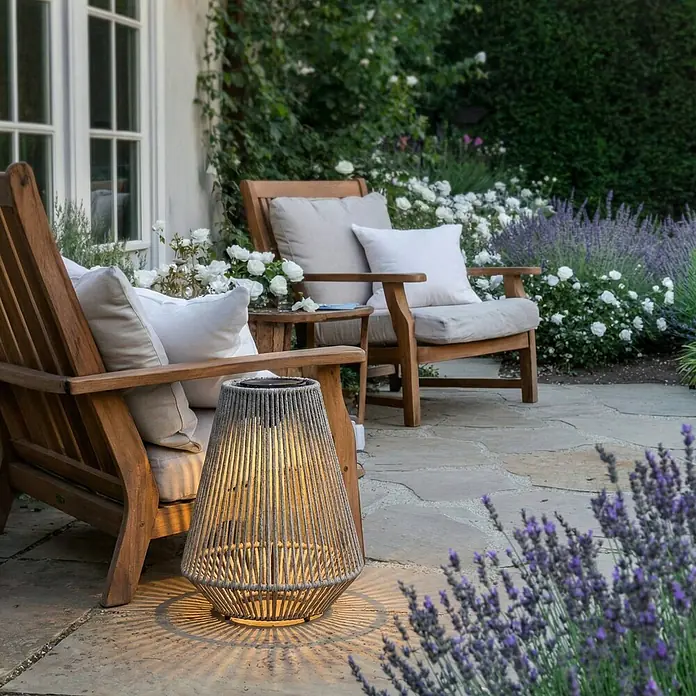 Lindby Außenwand- & Deckenleuchte Austas - alu / grau / zink, IP54 - Konische geflochtene Außenlaterne mit warmem Licht, wirft Muster auf eine Terrasse neben Holzgartenstühlen.