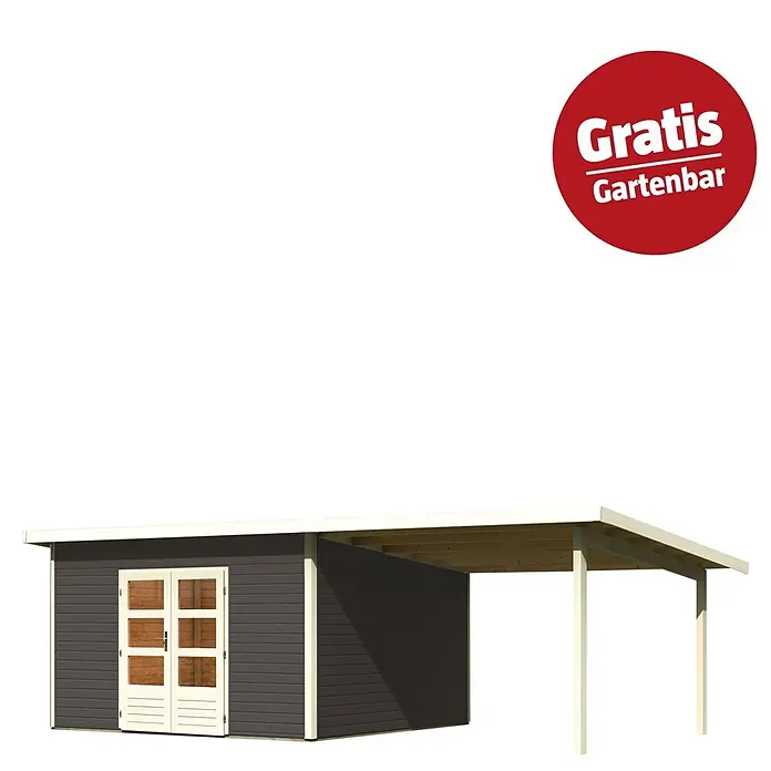 Karibu Gartenhaus Northeim 5 - Außenmaß inkl. Dachüberstand (B x T): 724 x 393 cm, Holz, Terragrau, Mit Seitendach - Dunkelgraues Gartenhaus mit hellen Doppeltüren und angebautem Carport. Rechts oben rotes Logo: Gratis Gartenbar.
