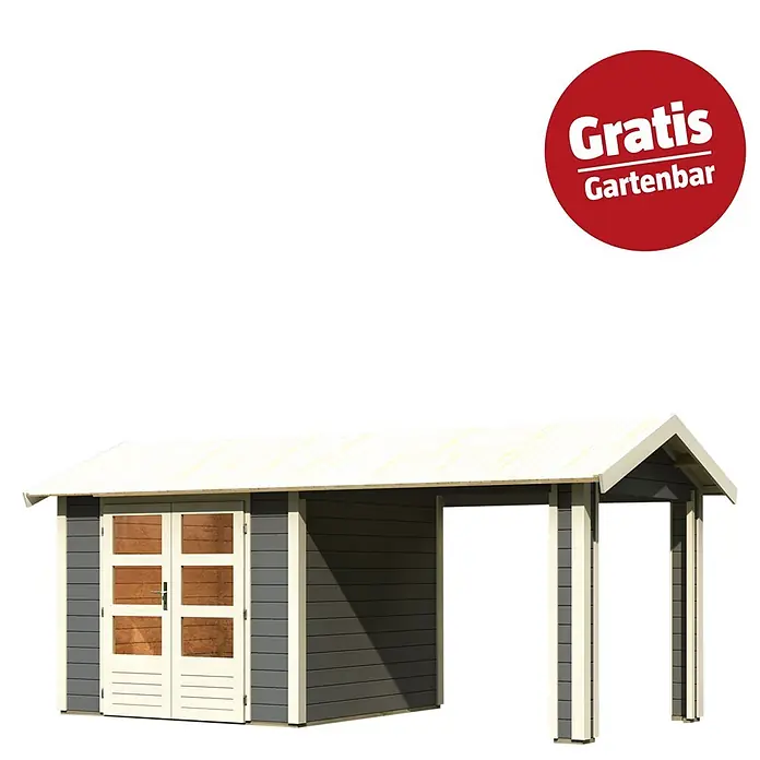 Karibu Gartenhaus Theres - Außenmaß inkl. Dachüberstand (B x T): 528 x 288 cm, Holz, Terragrau - Graues Gartenhaus mit beigem Rand, Doppeltüren und angebautem Carport. Rotes 'Gratis Gartenbar' Etikett oben rechts.