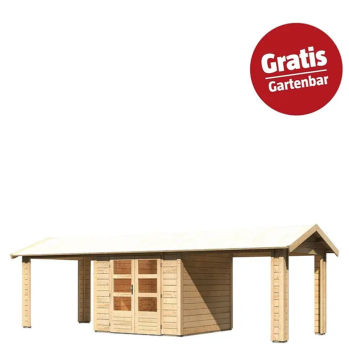 Karibu Gartenhaus Theres - Außenmaß inkl. Dachüberstand (B x T): 767 x 288 cm, Holz, Natur - Gartenschuppen aus hellem Naturholz mit Doppeltüren und integriertem offenem Unterstand. Bietet Stauraum und geschützten Bereich.
