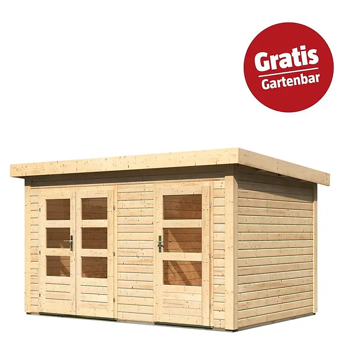 Karibu Gartenhaus Schönbuch 1 - Außenmaß inkl. Dachüberstand (B x T): 398 x 273 cm, Holz, Natur - Gartenhaus aus hellem Naturholz mit Türen und Fenstern, beworben mit 'Gratis Gartenbar'.