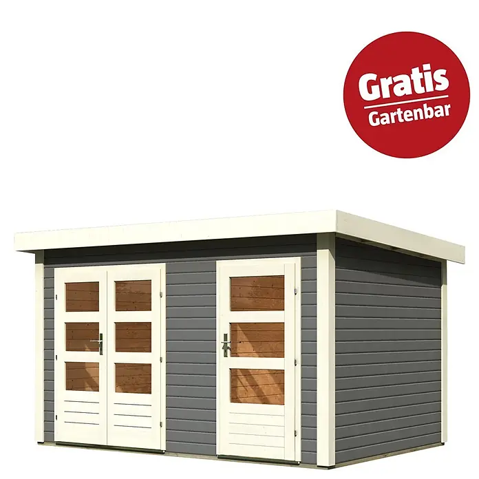 Karibu Gartenhaus Schönbuch 1 - Außenmaß inkl. Dachüberstand (B x T): 398 x 273 cm, Holz, Terragrau - Grauer Geräteschuppen mit Flachdach und hellen Türen und Zierleisten.