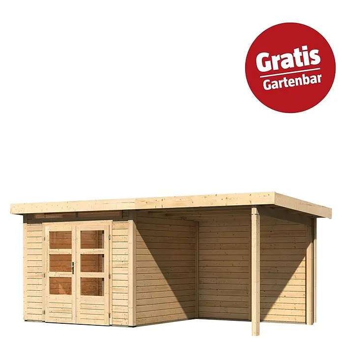 Karibu Gartenhaus Kandern 3 - Außenmaß inkl. Dachüberstand (B x T): 495 x 273 cm, Holz, Natur - Helles Holz-Gartenhaus mit doppelten Glastüren und integriertem Vordach, mit rotem 'Gratis Gartenbar' Hinweis.