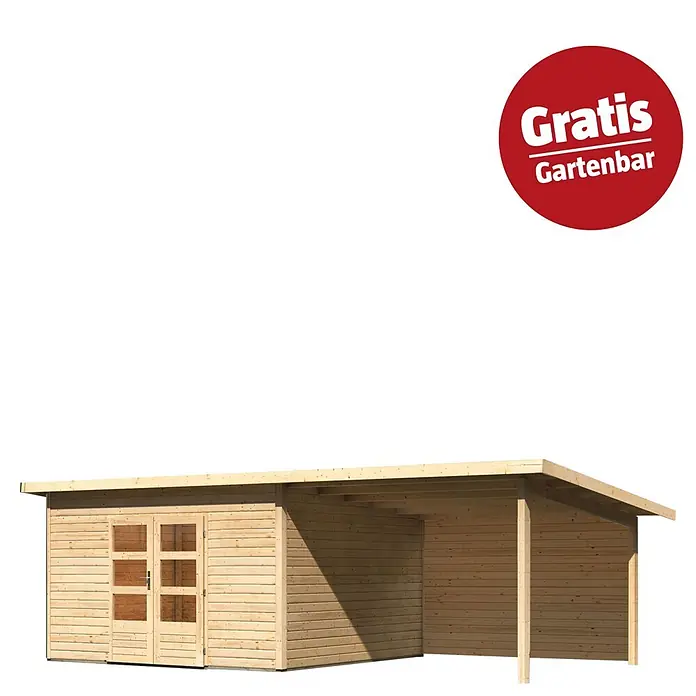 Karibu Gartenhaus Northeim 5 - Außenmaß inkl. Dachüberstand (B x T): 724 x 393 cm, Holz, Natur, Mit Seitendach und Rückwand - Holz-Gartenhaus mit Doppeltür und angebautem Unterstand aus hellem Holz.