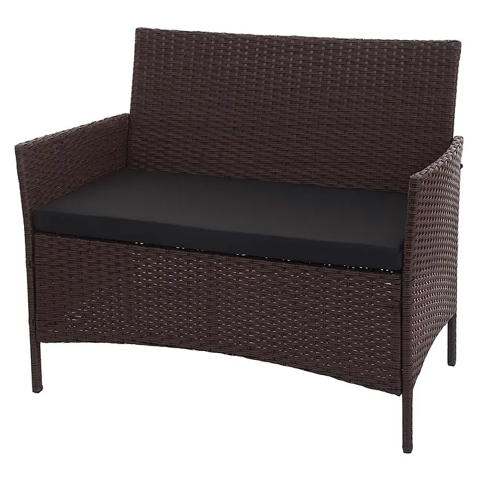 Proregal Gartenbank Kissen Schwarz - Polyester, Braun - Dunkelbraune Rattan-Gartenbank mit schwarzem Sitzkissen.