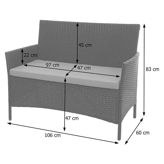 Proregal Gartenbank Kissen Creme - Polyester, Braun - Graue Rattan-Sitzbank für 2 Personen mit Maßen.