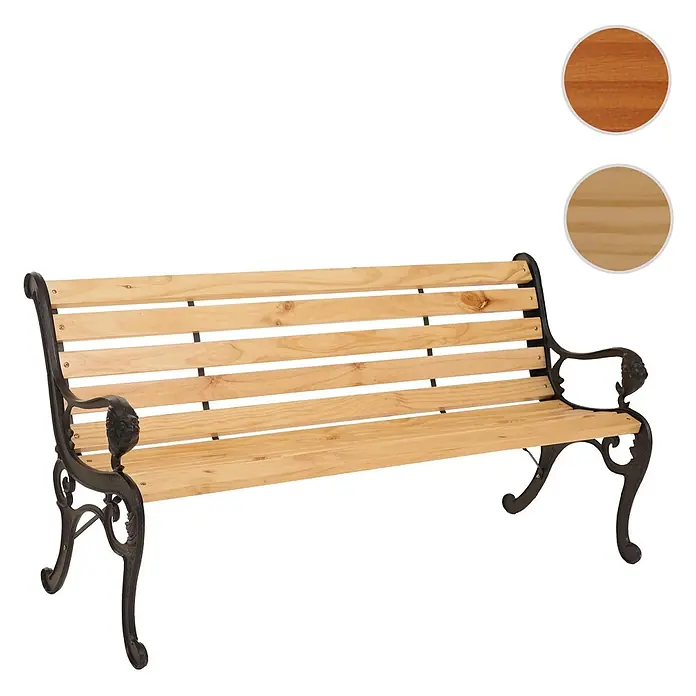 Proregal Gartenbank 3-Sitzer aus Holz - B x T x H: 164 x 35 x 78 cm, Holz, Beige - Gartenbank mit hellen Holzlatten und verziertem schwarzem Gusseisengestell. Inkl. Holzfarbmuster.