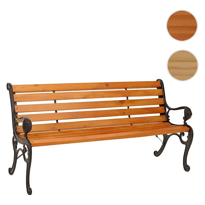 Proregal Gartenbank 3-Sitzer aus Holz - B x T x H: 164 x 35 x 78 cm, Holz, Beige - Parkbank aus Holz mit naturbelassenen Holzlatten und einem schwarzen verzierten Gusseisenrahmen.