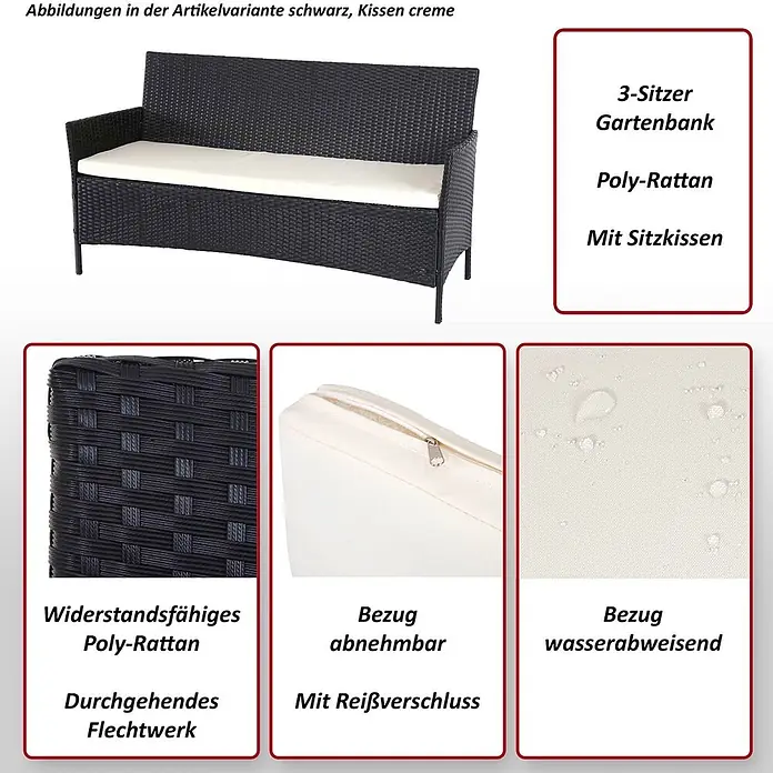 Proregal Gartenbank 3-Sitzer Kissen Creme - Polyester, Braun - Schwarze 3-Sitzer Gartenbank aus Polyrattan mit cremefarbenem, wasserabweisendem Sitzkissen.