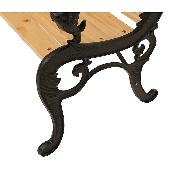 Proregal Gartenbank 2-Sitzer aus Holz - Holz, Beige - Nahaufnahme eines Bankbeins aus schwarzem, verziertem Gusseisen, das helle Holzlatten trägt.