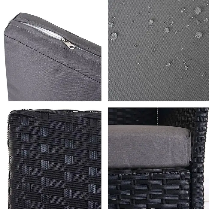Proregal Loungemöbel-Set - 4 -tlg., Polyester, Kissen Anthrazit, Grau - Schwarzer Outdoor-Sessel aus Rattan mit grauen, wasserabweisenden Kissen mit Reißverschluss.