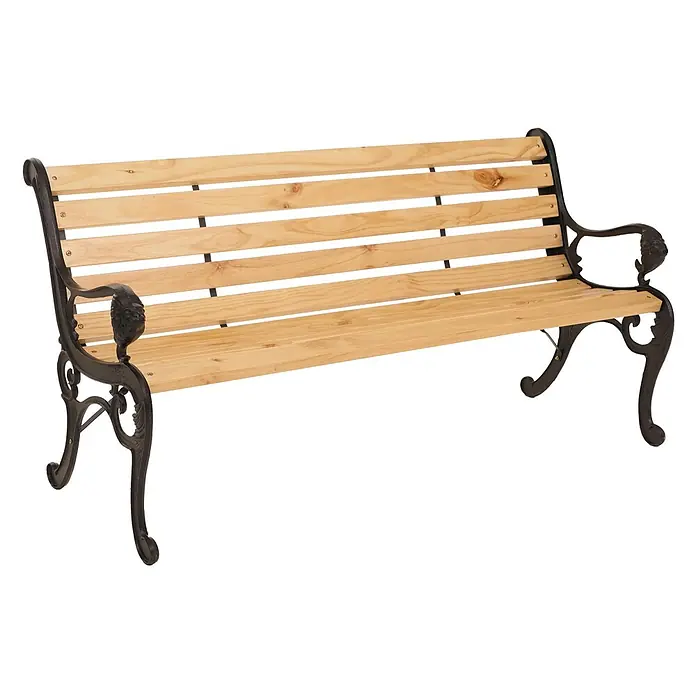 Proregal Gartenbank 3-Sitzer aus Holz - B x T x H: 164 x 35 x 78 cm, Holz, Beige - Outdoor-Gartenbank mit hellbraunen Holzlatten und dekorativen schwarzen Gusseisenarmen und -beinen.