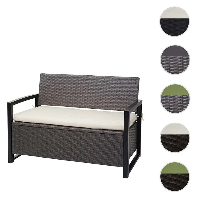 Proregal Gartenbank 2-Sitzer Kissen Rot - Polyester, Grau - Dunkelbraune Rattan-Gartenbank mit schwarzem Gestell und cremefarbenem Kissen, bietet Sitzgelegenheit und Stauraum.
