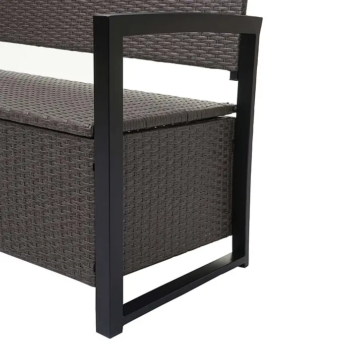 Proregal Gartenbank 3-Sitzer Kissen Grün - Polyester, Grau - Braune Rattan-Gartenbank mit Stauraum und schwarzem Metallrahmen.
