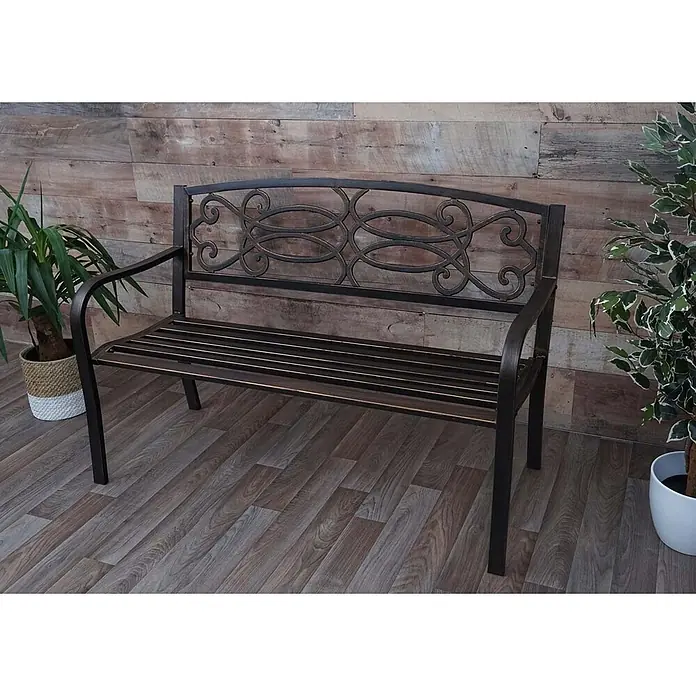Proregal Gartenbank 2-Sitzer - Stahl, Bronze - Dekorative Bank aus bronzefarbenem Metall mit verzierter Rückenlehne und Lattenrostsitz.