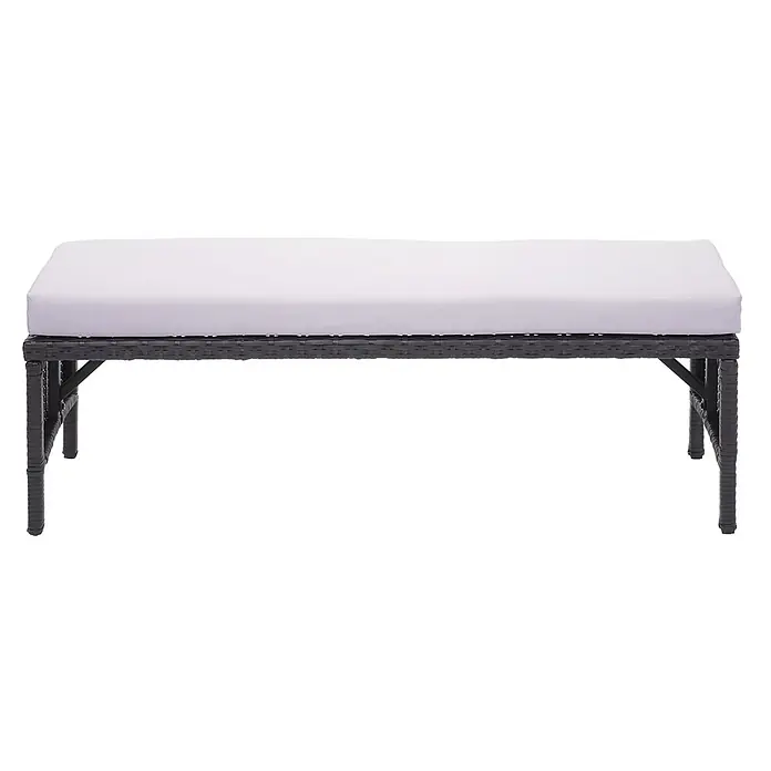 Proregal Gartenbank Poly-Rattan Kissen Hellgrau - Polyester, Schwarz - Dunkelgraue Rattanbank mit rechteckigem weißem Kissen.