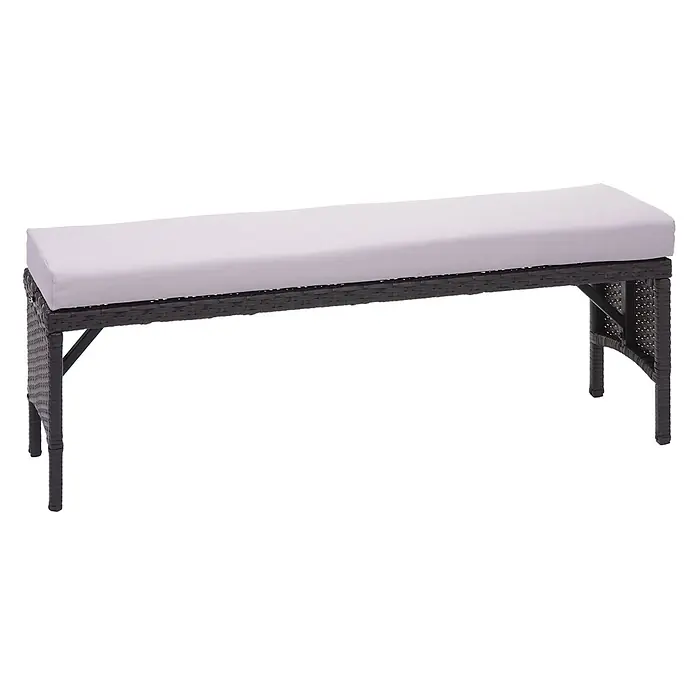 Proregal Gartenbank Poly-Rattan Kissen Hellgrau - Polyester, Schwarz - Langer dunkelbrauner Rattan-Gartenbank mit hellgrauem Kissen.