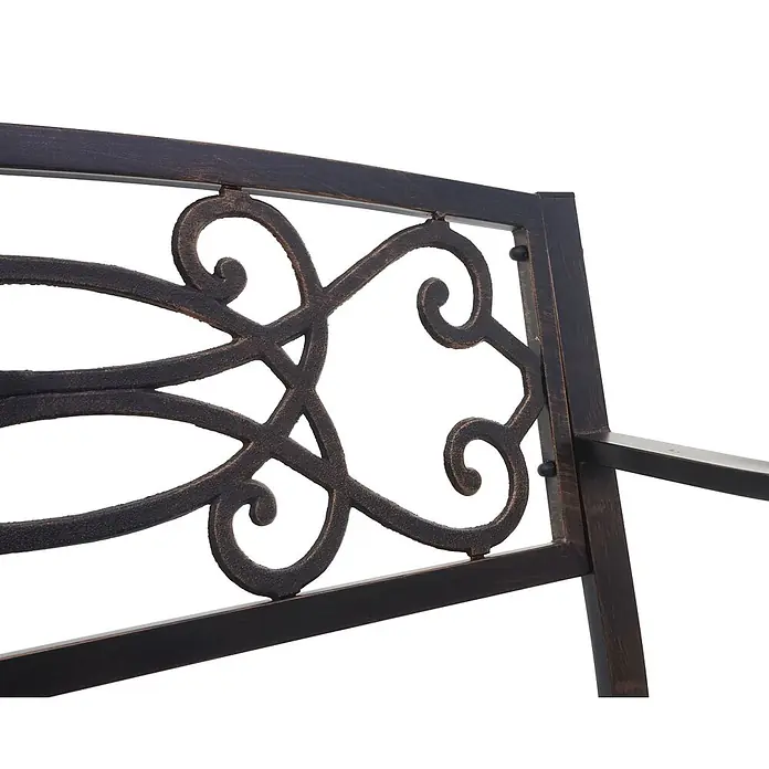 Proregal Gartenbank 2-Sitzer - Stahl, Bronze - Dunkelbronzenes Metallrückenlehne mit kunstvollen Schnörkeln, Teil eines Gartenstuhls oder einer Bank.
