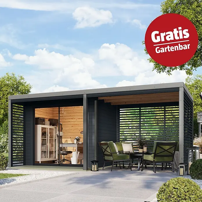 Karibu Gartenhaus Saturn - Außenmaß inkl. Dachüberstand (B x T): 539,5 x 276 cm, Holz, Anthrazit/Grau - Moderner, dunkelgrauer Gartenpavillon mit Home-Office-Bereich und Lounge-Sitzgruppe.