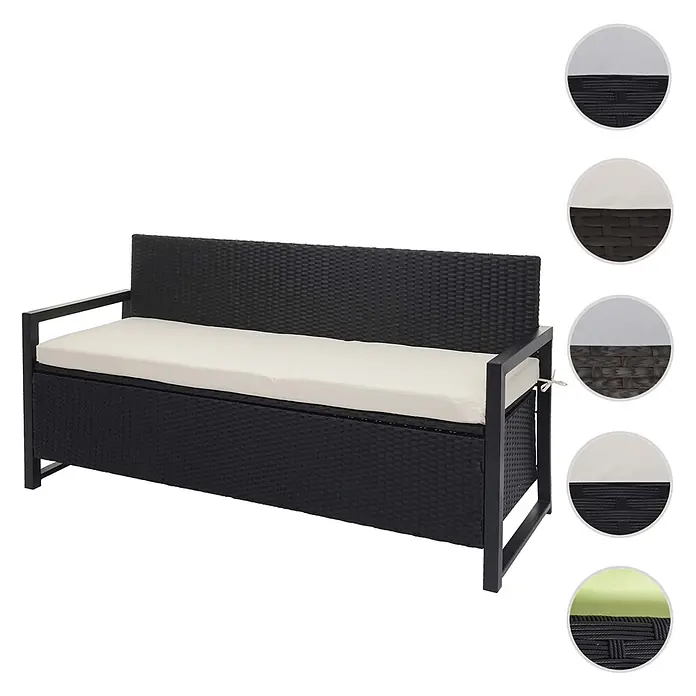 Proregal Gartenbank 3-Sitzer Kissen Creme - B x T x H: 164 x 57 x 87 cm, Polyester, Grau - Schwarze Rattan-Sitzbank mit Stauraum und cremefarbenem Kissen.