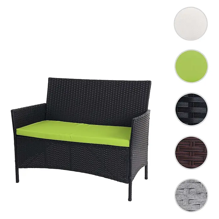 Proregal Gartenbank Kissen Grün - Polyester, Grau - Zweisitzer-Gartenbank aus dunklem Rattan mit hellgrünem Kissen.
