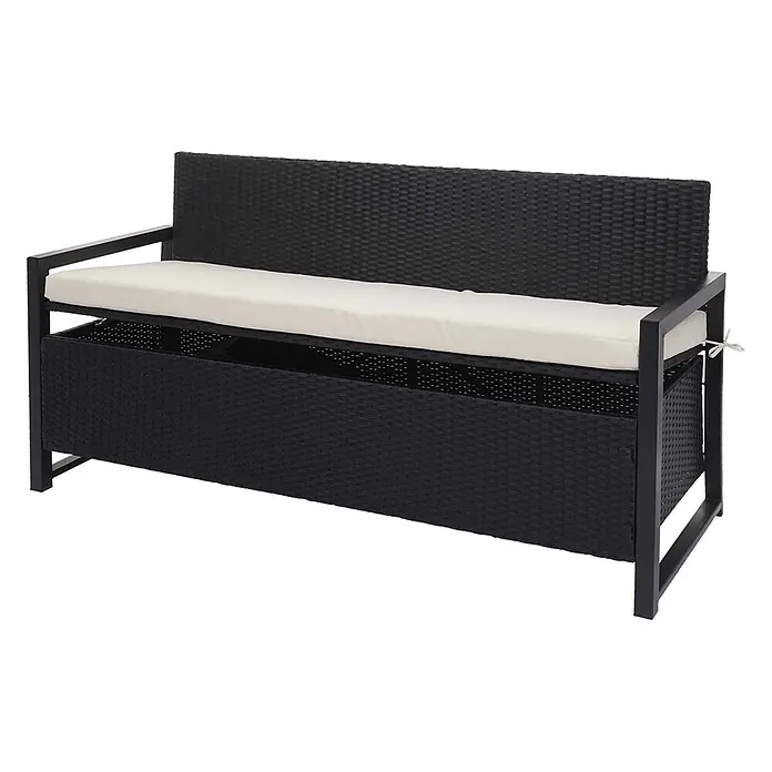 Proregal Gartenbank 3-Sitzer Kissen Creme - Polyester, Grau - Schwarze Rattan-Sitzbank mit Stauraum und cremefarbenem Kissen. Ideal für den Außenbereich mit praktischem Staufach.