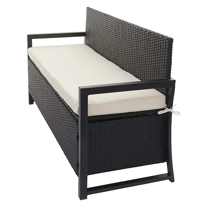 Proregal Gartenbank 3-Sitzer Kissen Creme - Polyester, Grau - Dunkelbraune Rattan Gartenbank mit Stauraum, schwarzem Metallrahmen und cremefarbenem Kissen.