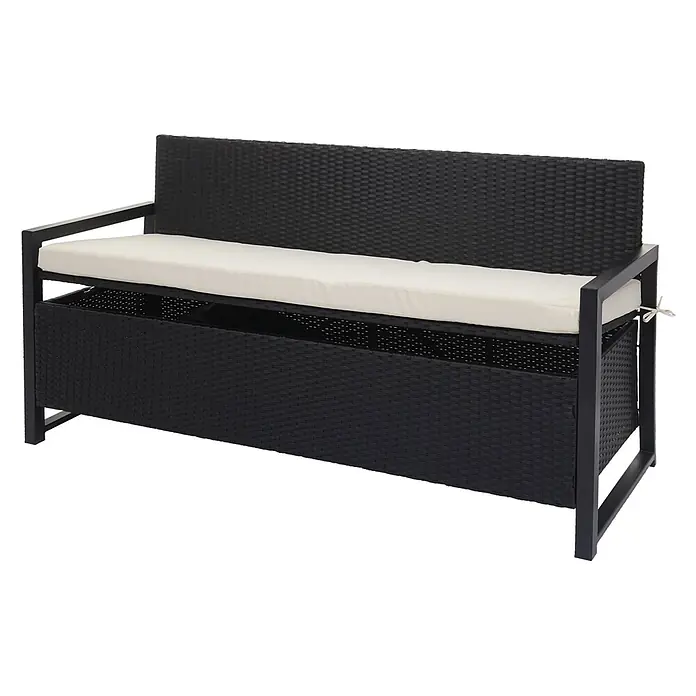 Proregal Gartenbank 3-Sitzer Kissen Creme - Polyester, Grau - Schwarze Outdoor-Sitzbank in Rattan-Optik mit cremefarbenem Kissen und integriertem Stauraum.