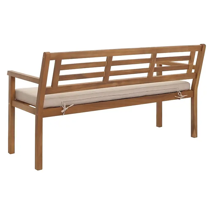 Proregal Gartenbank Mit Kissen Creme-Beige - Holz, Braun - Braune Holz-Gartenbank mit beigem Sitzkissen, von hinten gesehen.