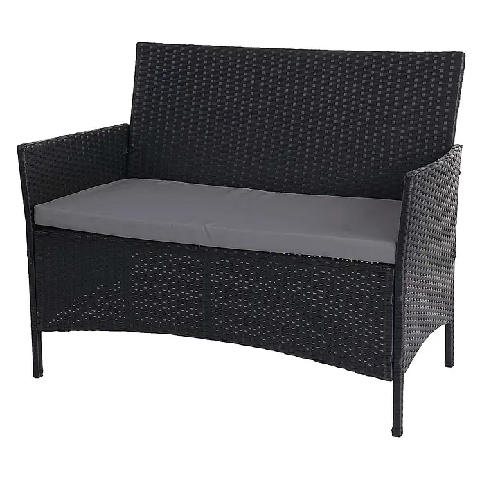 Proregal Loungemöbel-Set - 4 -tlg., Polyester, Kissen Anthrazit, Grau - Schwarze Rattan-Sitzbank für zwei Personen mit grauem Kissen.