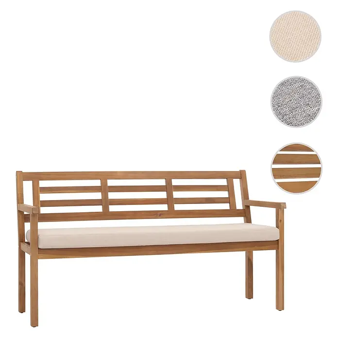 Proregal Gartenbank Mit Kissen Creme-Beige - Holz, Braun - Braune Holzbank mit beige Stoffpolster. Materialmuster für Polsterfarben und Holz sind abgebildet.