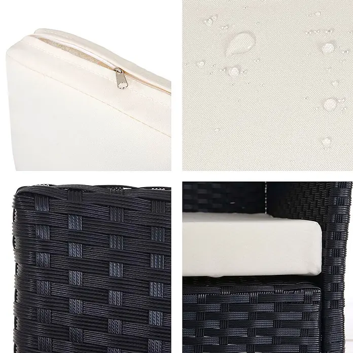 Proregal Gartenbank 3-Sitzer Kissen Creme - Polyester, Grau - Nahaufnahme schwarzer Korbmöbel für den Außenbereich mit cremefarbenen, wasserabweisenden Kissen mit Reißverschluss.