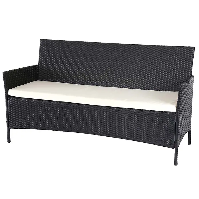 Proregal Gartenbank 3-Sitzer Kissen Creme - Polyester, Grau - Schwarze Rattan-Gartenbank mit weißem Sitzkissen.