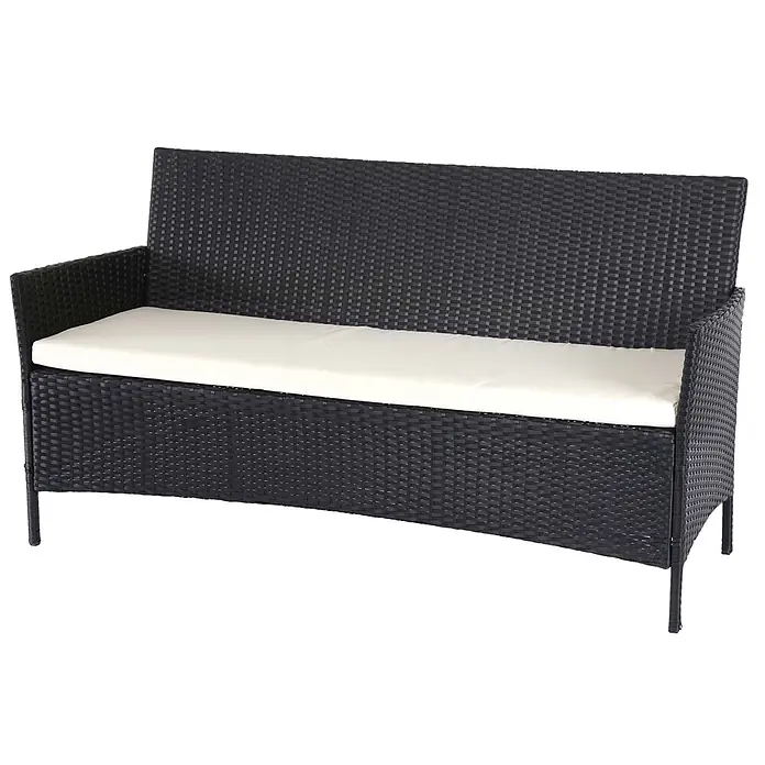 Proregal Gartenbank 3-Sitzer Kissen Creme - Polyester, Grau - Schwarze Rattan Gartenbank mit weißem Kissen.