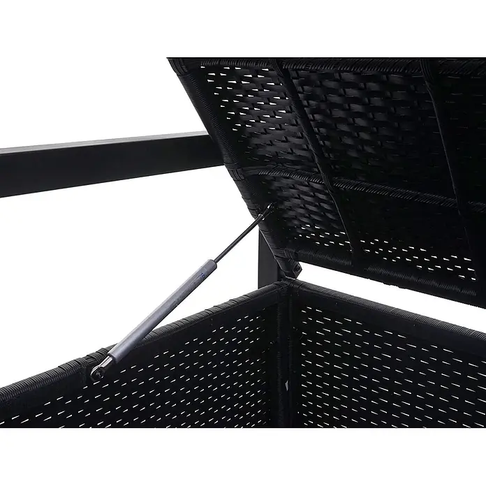 Proregal Gartenbank 3-Sitzer Kissen Schwarz - Polyester, Grau - Schwarze Rattan-Aufbewahrungsbox mit geöffnetem Deckel, gestützt von einer Gasdruckfeder.