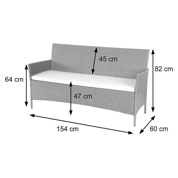 Proregal Gartenbank 3-Sitzer Kissen Creme - Polyester, Braun - Graue Rattan-Gartenbank mit weißen Kissen, Maße: 154 cm Länge, 82 cm Höhe, 60 cm Tiefe, 47 cm Sitzhöhe.