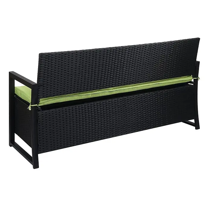 Proregal Gartenbank 3-Sitzer Kissen Grün - Polyester, Grau - Schwarze Rattan-Gartenbank mit Stauraum, schwarzem Metallrahmen und hellgrünem Kissen.