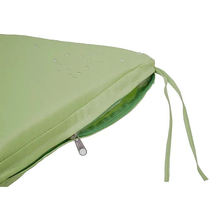 Proregal Gartenbank 3-Sitzer Kissen Grün - Polyester, Grau - Hellgrünes wasserabweisendes Kissen mit Wassertropfen, offenem Reißverschluss und Befestigungsbändern.
