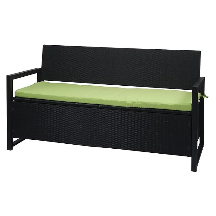 Proregal Gartenbank 3-Sitzer Kissen Grün - Polyester, Grau - Schwarze Rattan-Gartenbank mit Stauraum und leuchtend grünem Sitzkissen.