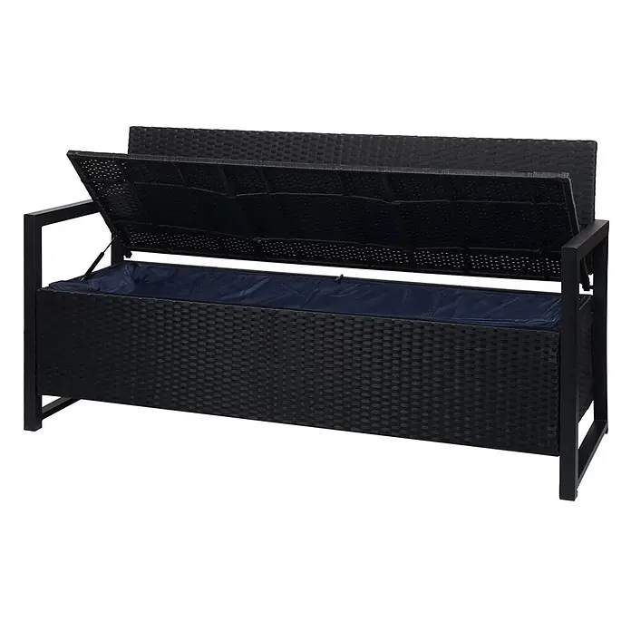 Proregal Gartenbank 3-Sitzer Kissen Schwarz - Polyester, Grau - Schwarze Rattan-Sitzbank mit Stauraum, geöffnetem Deckel und blauem wasserdichtem Innenfutter.
