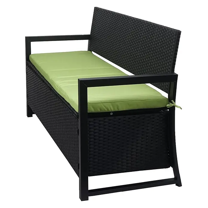 Proregal Gartenbank 3-Sitzer Kissen Grün - Polyester, Grau - Schwarze Rattan-Gartenbank mit schwarzem Metallrahmen und hellgrünem Kissen.
