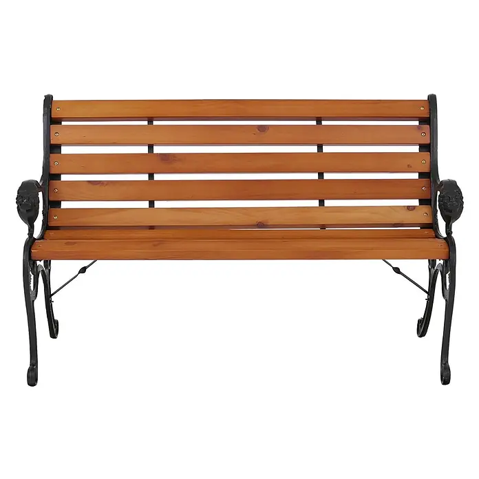 Proregal Gartenbank 2-Sitzer aus Holz - Holz, Braun - Gartenbank mit hellbraunen Holzlatten und schwarzem Metallgestell mit verzierten Armlehnen.