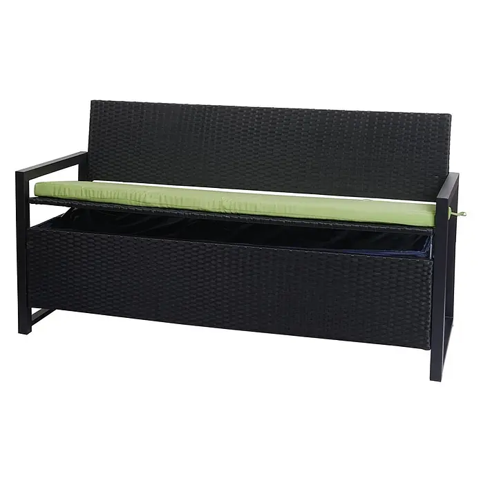 Proregal Gartenbank 3-Sitzer Kissen Grün - Polyester, Grau - Schwarze Rattan-Optik Aufbewahrungsbank mit hellgrünem Kissen und integriertem Stoffeinsatz.