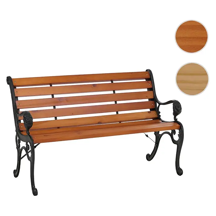 Proregal Gartenbank 2-Sitzer aus Holz - Holz, Braun - Gartenbank mit braunen Holzlatten und schwarzem Gusseisengestell, mit Holzfarbmuster.