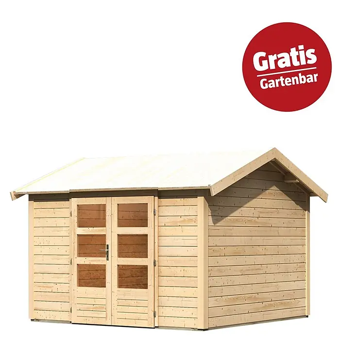 Karibu Gartenhaus Theres - Außenmaß inkl. Dachüberstand (B x T): 337 x 348 cm, Holz, Natur - Helles Holzgartenhaus mit weißem Dach und doppelflügeligen Glastüren. Inklusive "Gratis Gartenbar"-Angebot.