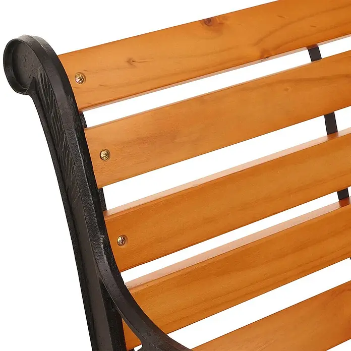 Proregal Gartenbank 2-Sitzer aus Holz - Holz, Braun - Nahaufnahme einer Banklehne mit hellbraunen Holzlatten und einem geschwungenen schwarzen Metallrahmen.