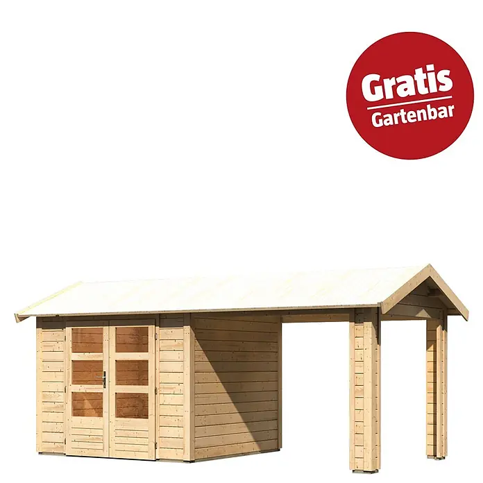Karibu Gartenhaus Theres - Außenmaß inkl. Dachüberstand (B x T): 528 x 288 cm, Holz, Natur - Gartenhaus aus hellem Holz mit Doppeltür und integriertem Carport oder Unterstand.