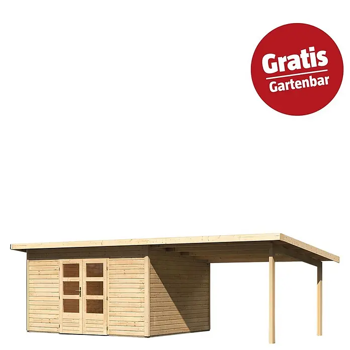 Karibu Gartenhaus Northeim 4 - Außenmaß inkl. Dachüberstand (B x T): 724 x 331,5 cm, Holz, Natur, Mit Seitendach - Gartenhaus aus hellem Holz mit angebautem offenem Carport.